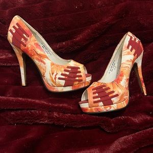 Orange and red peep toe shoes